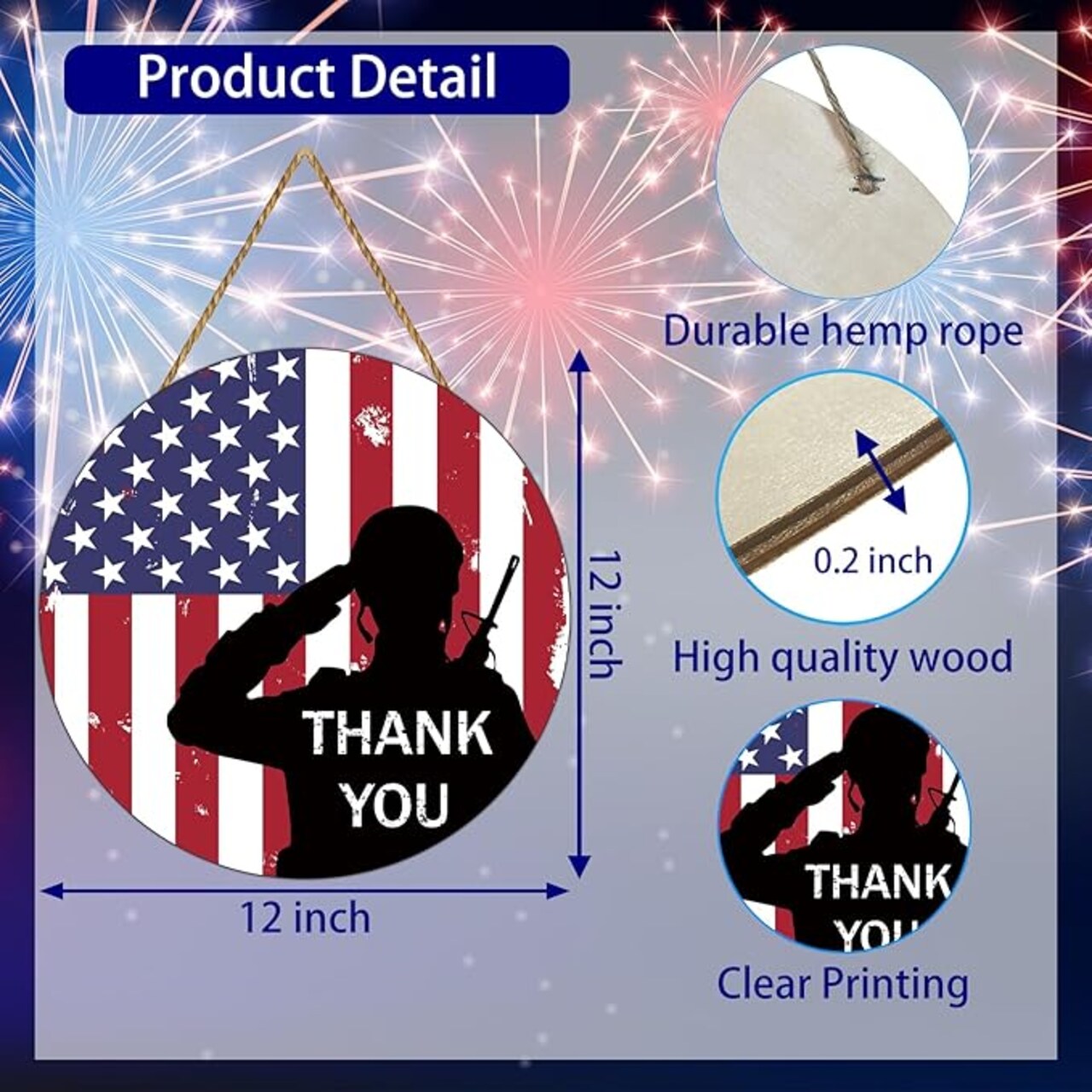 Memorial Day Decorations Patriotic Wreath, American Soldier Salute Thank You Wooden Door Hanger for Front Door, 4th of July, Veterans Day & Home Porch Decor